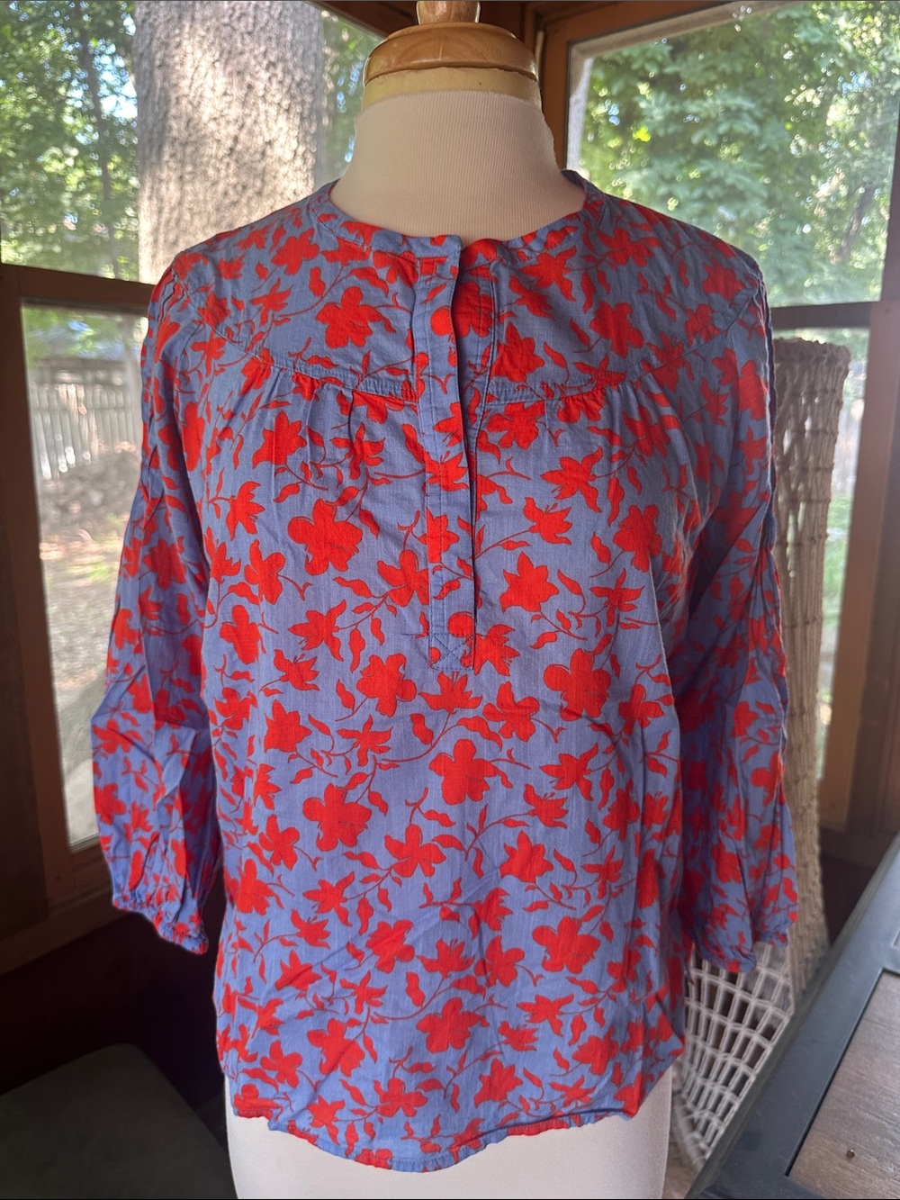 Caslon Blue Blouse with Red Floral Print